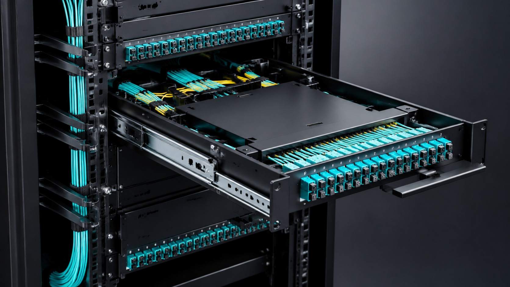 nsert a close-up detail shot of a High-Density ODF MPO/MTP sliding cassette and cable management arms